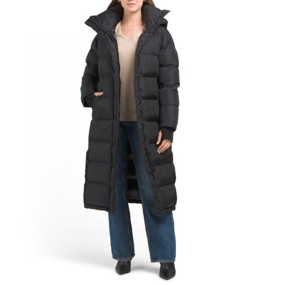 S13 Black Long Puffer Coat With Detachable Hood